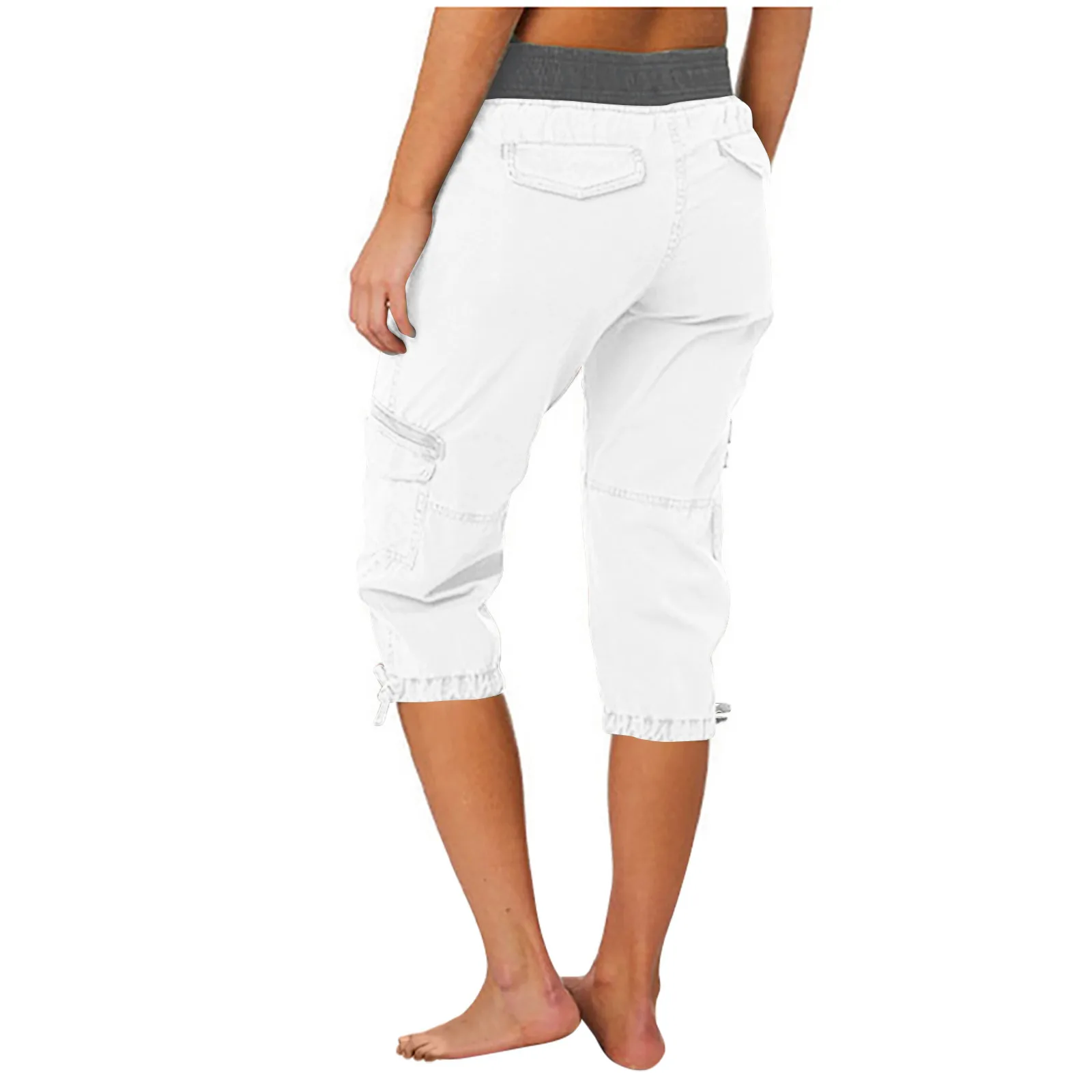 2026 Women's Summer Casual High Waist Drawstring Pocket Workwear Pants Solid Loose Wide Leg Extendable Cuffs 7-inch Pants Female