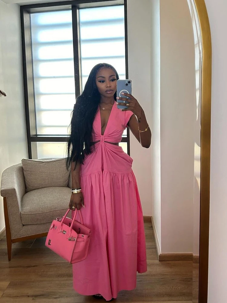 Damska Urocza Różowa Seksowna Sukienka Francuska Bez Rękawów Letnia Sukienka z Wycięciem w Talii Dekolt V Elegancka Długa Sukienka Damska