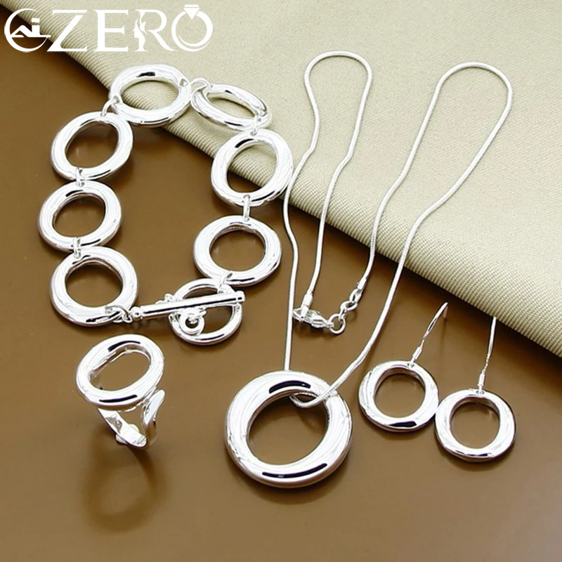 ALIZERO 925 Sterling Silver Round Circle O-Shaped Necklace Bracelet Earrings Ring Set for Women Wedding Engagement Party Jewelry