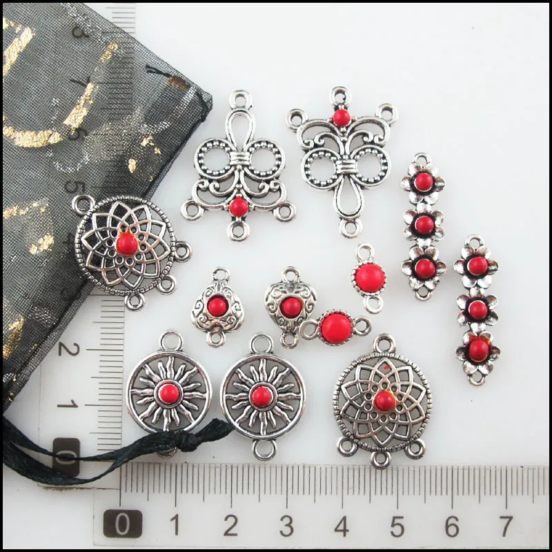 Fashion New Red Turquoise Stone Connectors Charms Flower Heart Tibetan Silver Plated Pendants Retro