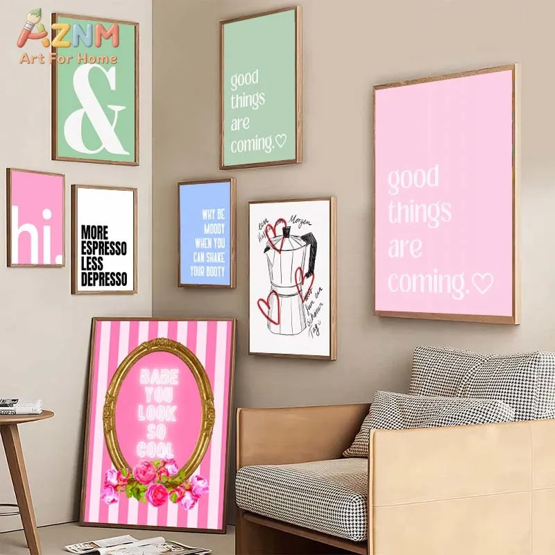 AZNM Preppy Pink & Blue Canvas Wall Art, Trendy Retro Quote Print, Funky Disco & Typography Decor