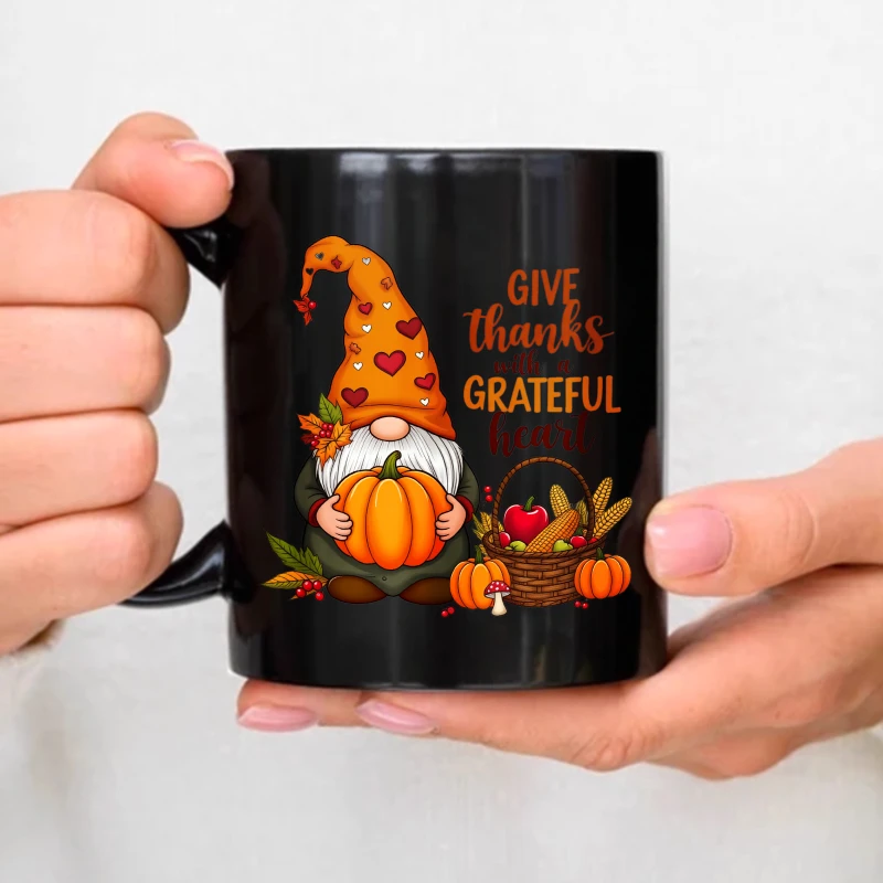 Black ceramic mug with elf, pumpkin and harvest elements, gratitude, Thanksgiving fall themed coffee teacup, suitable for autumn