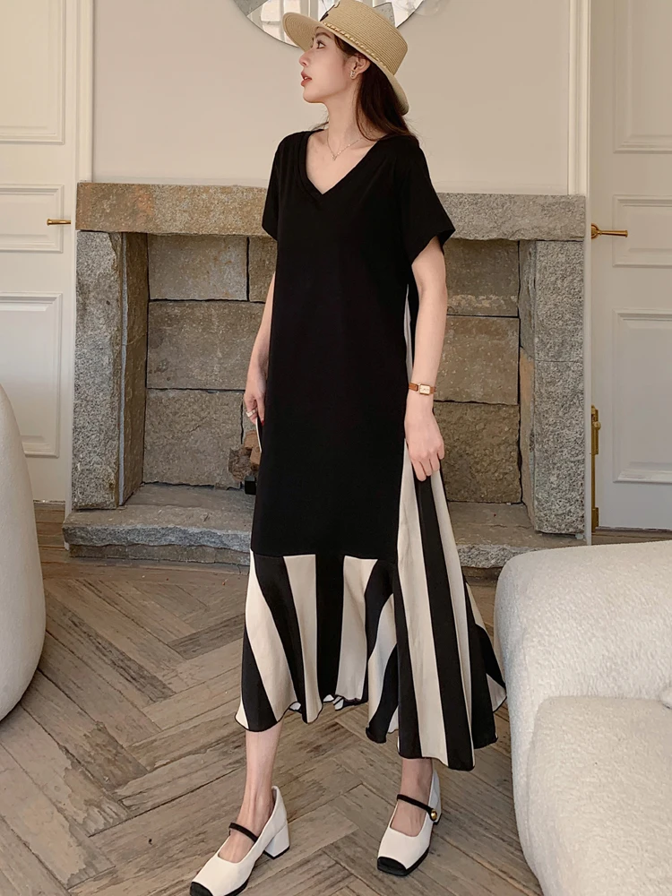 فستان صيفي NYFS 2025 فضفاض مقاس كبير مقسم   فساتين طويلة بحاشية مخططة رداء Elbise بأكمام قصيرة على الطراز الكوري فستان نسائي #4