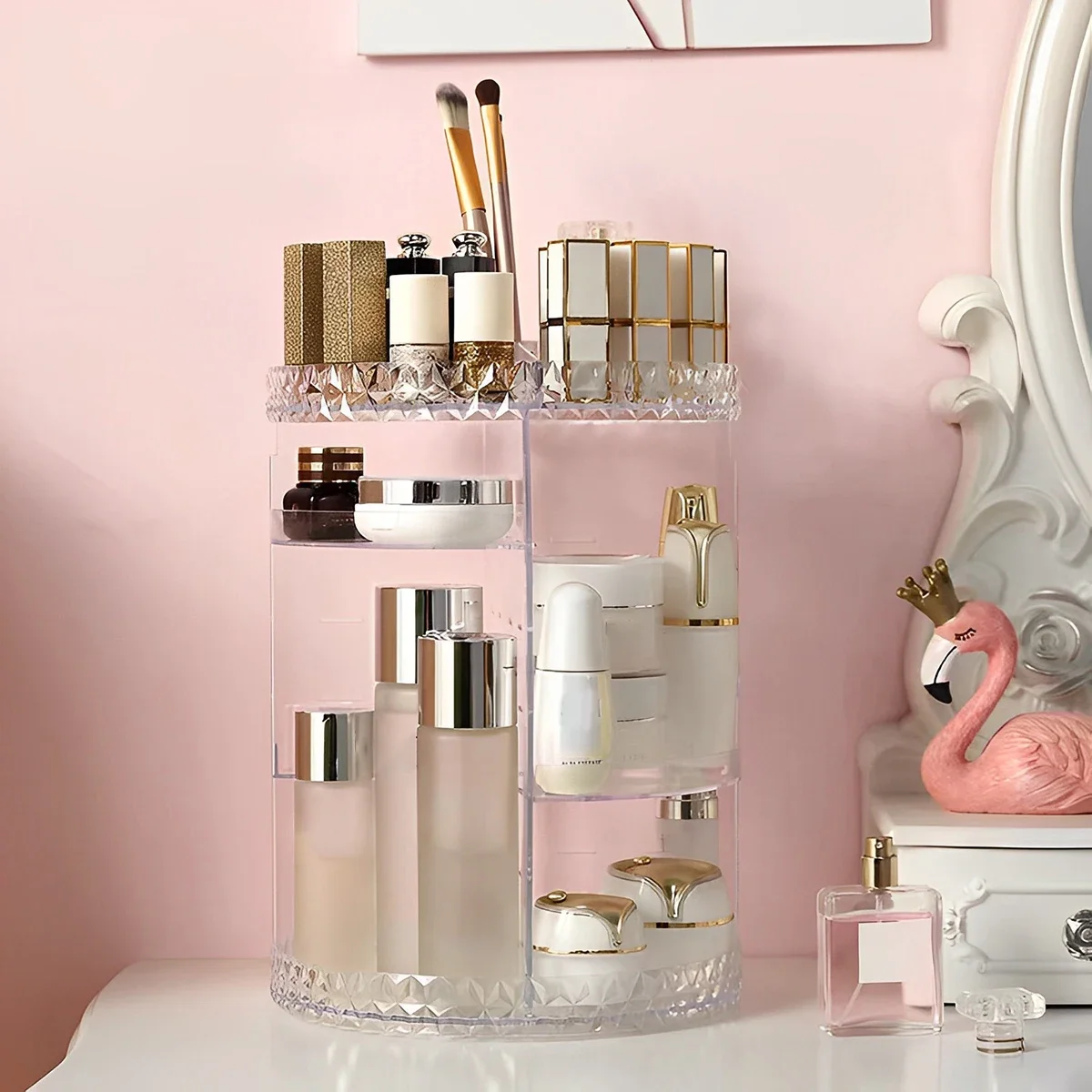 3 Tiers Rotating Makeup Organizer 360 Degree Spinning Makeup Stand Clear Cosmetic Storage Display Box for Bathroom Skincar