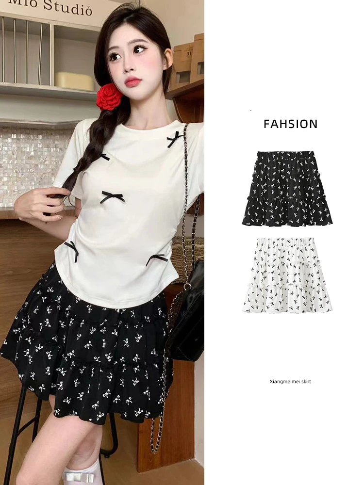 

Spring Summer New Y2k Kawaii Cute Print Lace Mini Skirt Ruffles Gothic Lolita Japanese Harajuku Elastic Waist Layered Skirts