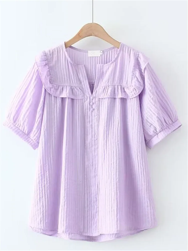 

Plus Size Women's Clothing Short-Sleeved Shirt With Dark Stripes Ruffled Pleated Edge Patchwork Loose And Non-Elastic Summer Top