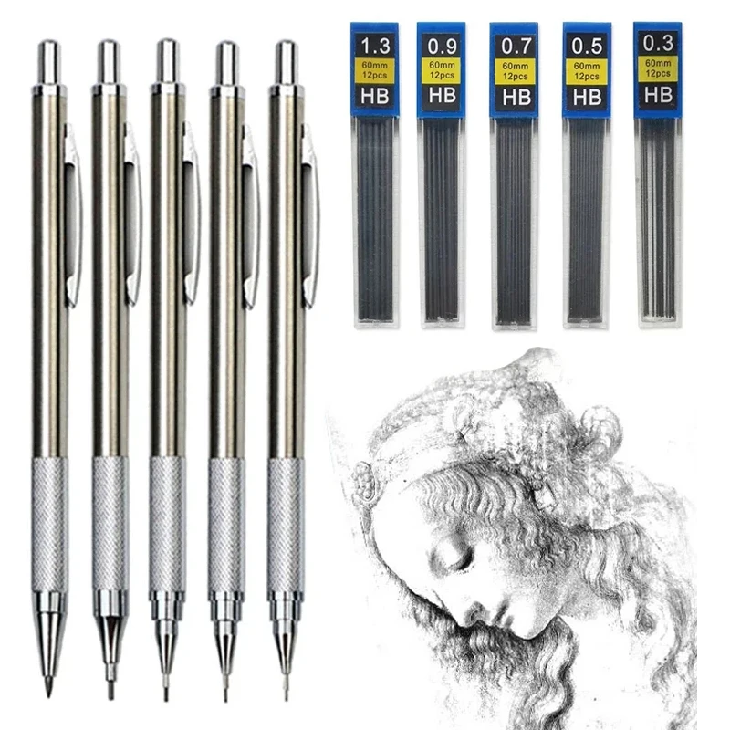 Metal Mechanical Pencil 0.3/0.5/0.7/0.9/1.3/2.0mm Art Drawing Automatic Pencil Replacement HB Leads Refills Home School Supplies