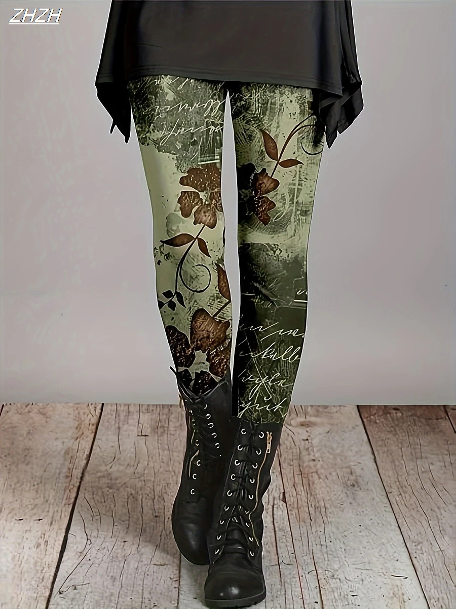 Women's Leggings Natural Floral Printed Pants Polyester Spandex Stretch Elastic Waist ,Control Fall Winter Outdoor Streetwear