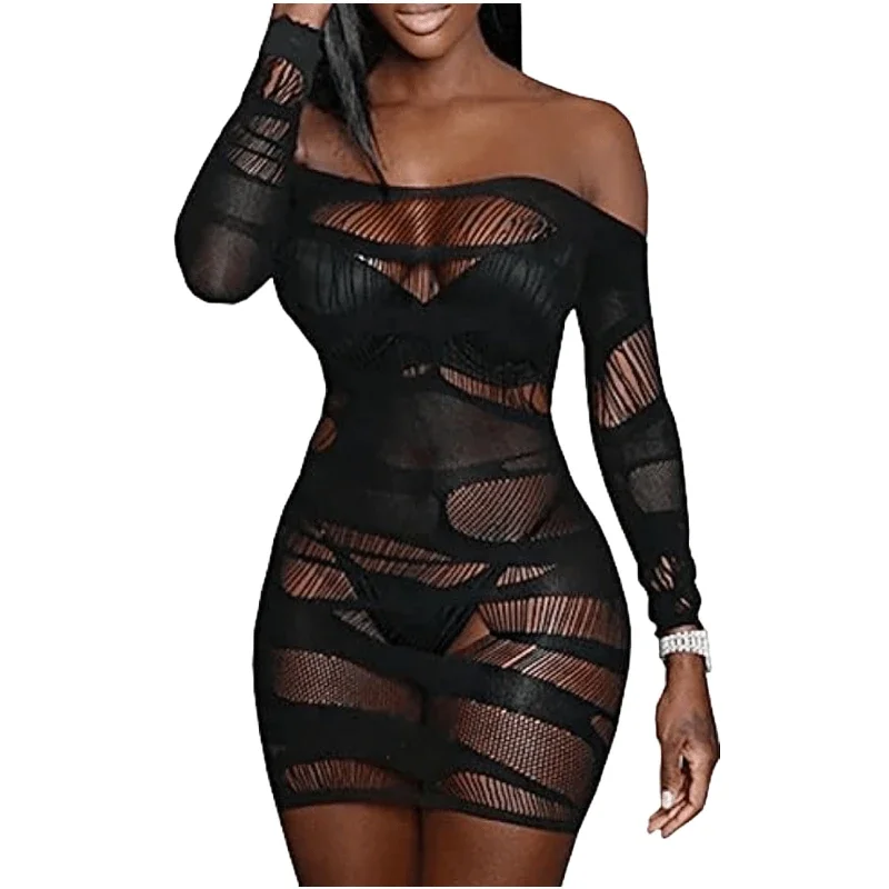 Feestjurk Zwarte Lingerie Lange Mouwen Nachtkleding vrouwen Babydoll Visnet Nachthemd Vriendin Vestido de fiesta lenceria