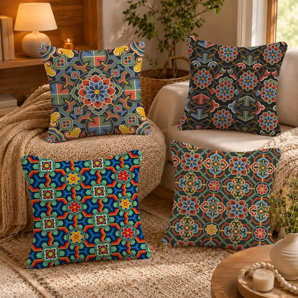 Dancheong Traditional Ornament Cushion Cover Short-Plush Cushion Cover Pillowcase — Suitable for Sofas Bedrooms and Home Decor