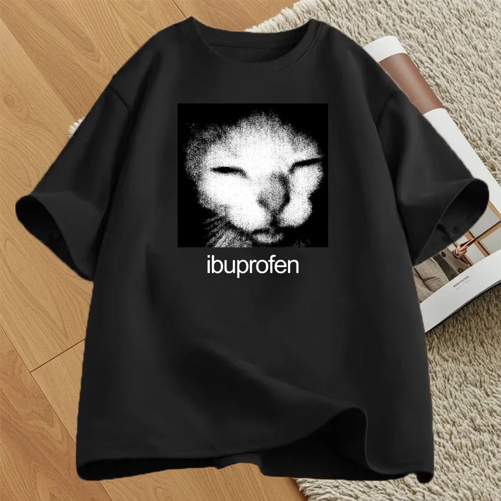 Ibuprofen القط ميمي تي شيرت مطبوع النساء الرجال السببية مضحك القط الجرافيك س الرقبة قصيرة الأكمام قمة الموضة الشارع الشهير التي شيرت للجنسين
