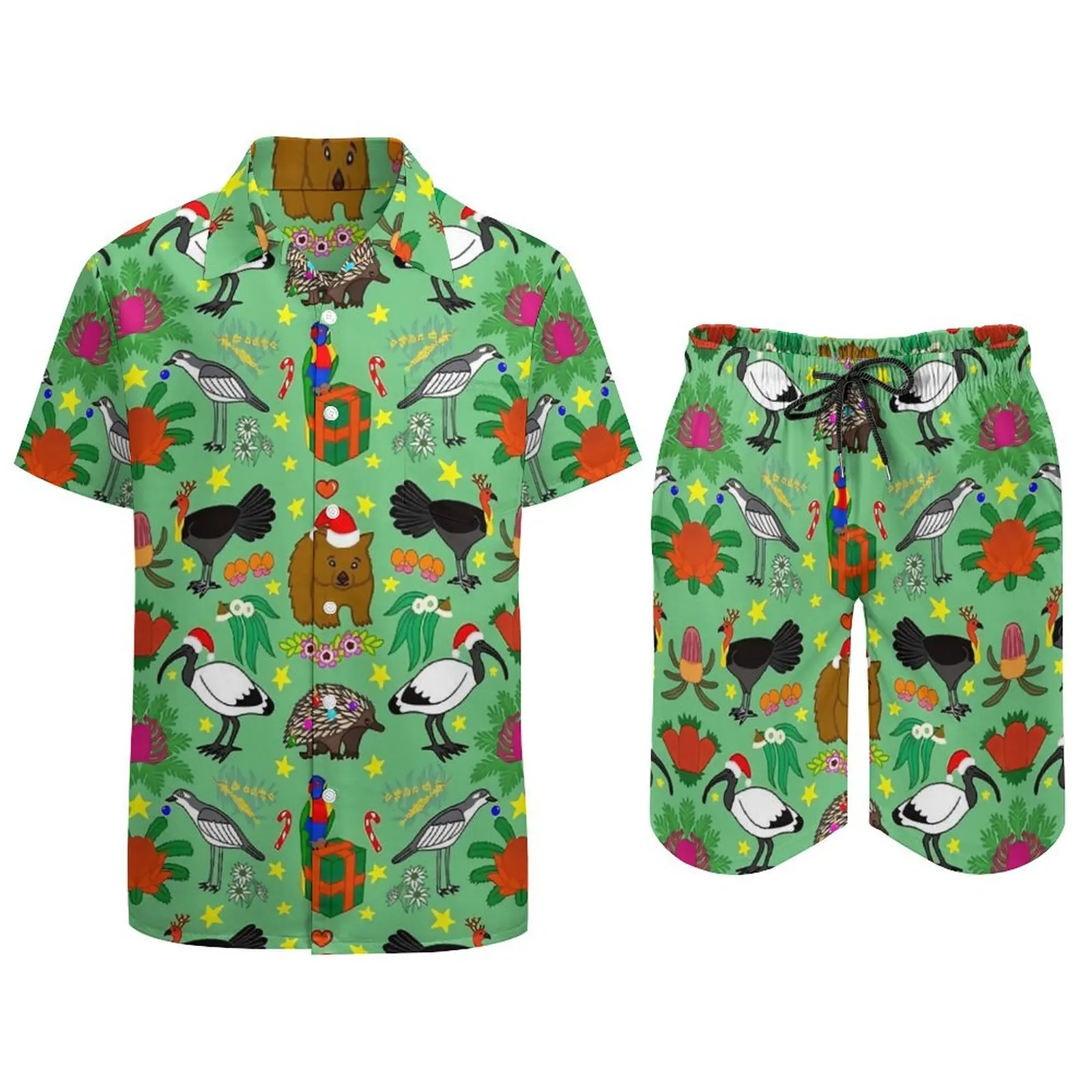 Aussie Christmas Men Sets Animal Print Casual Shorts Summer Novelty Beach Shirt Set Short-Sleeved Big Size Suit Birthday Present