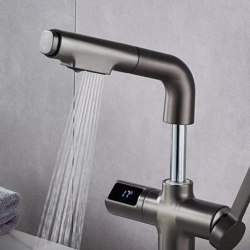 

Black Brass Bathroom Sink Mixer Set Lift and Pull-Out Washbasin Tap Digital Display Mixer for Stylish and Functional