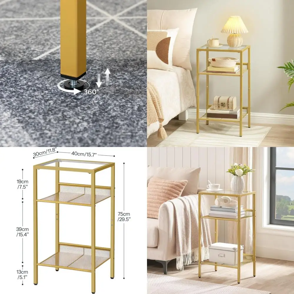 

Gold 3-Tier End Table with Mesh Shelves, Tempered Glass Top, for Living/Bedroom GD04DH01