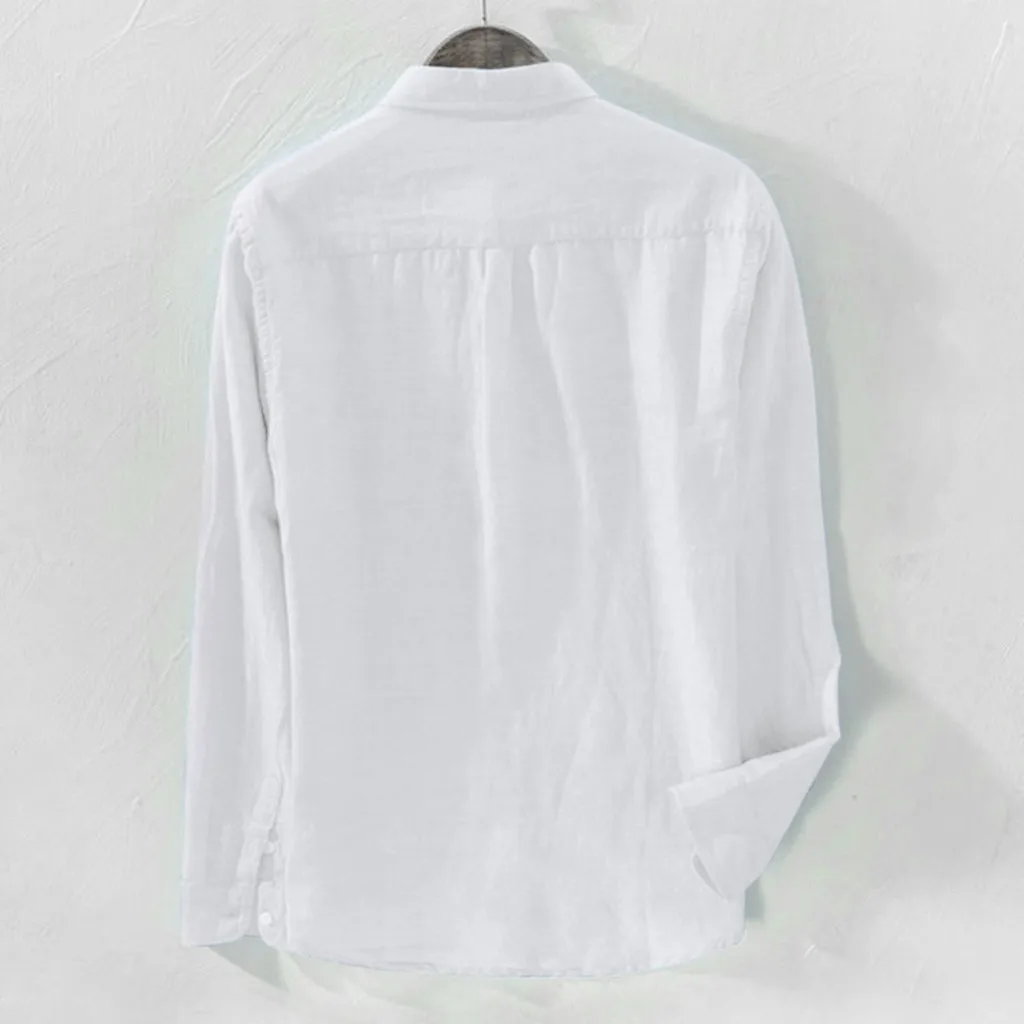 Summer Men Long Sleeve White Linen Shirt Casual Loose Baggy Solid Color Breathable Button Top Blouse Man Shirts