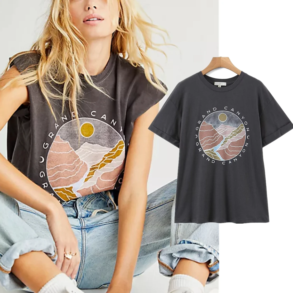 

Jenny&dave 2026 Summer T-shirt American Style Retro T-shirt Street Loose Sunset Cartoon Printing CottonFor Women Tops