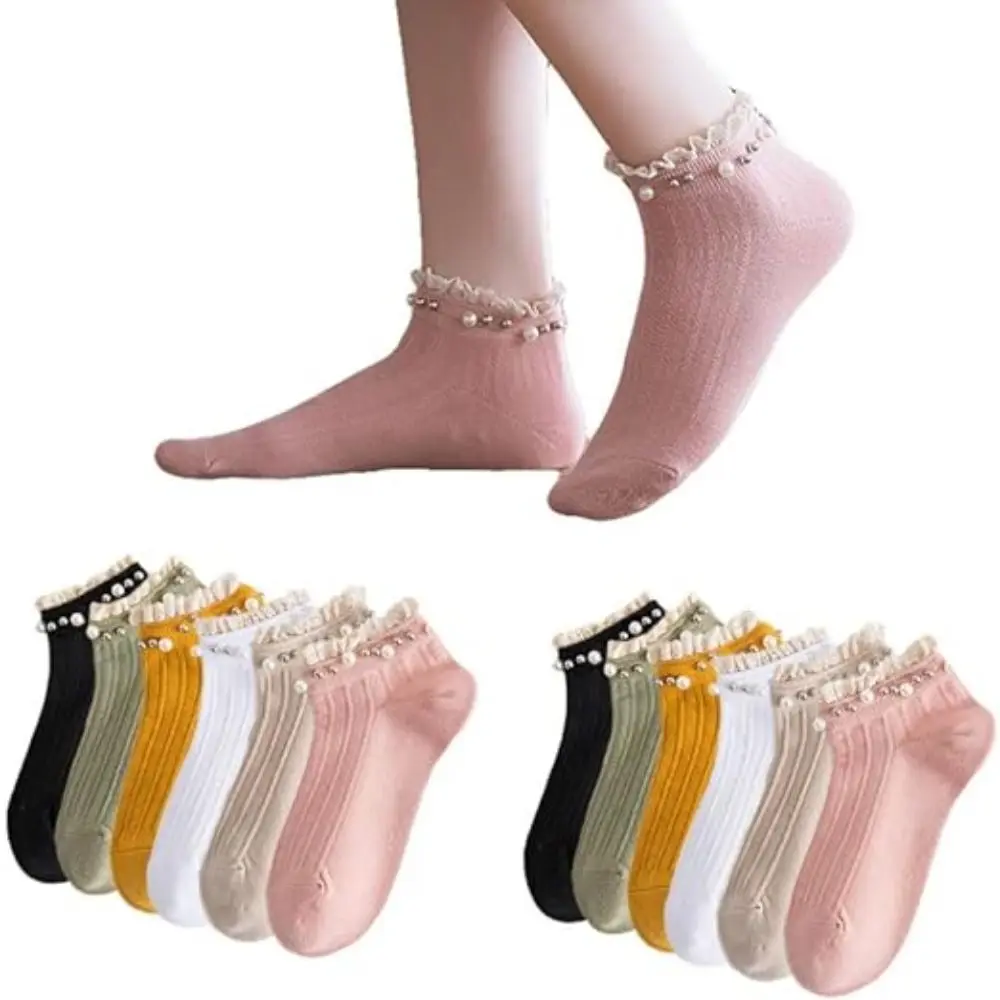 1Pair Candy Color Women Ankle Socks Breathable with Pearl Lace Ruffle Socks preppy Style Elastic Princess Dress Socks