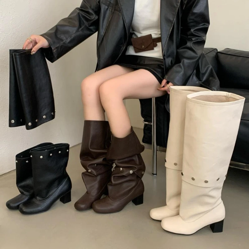 

Fashion Splicing Design Knee-High Boots Women Retro Removable Chunky Heel Ankle Boots Elegant Low Heel Modern Long Short Booties