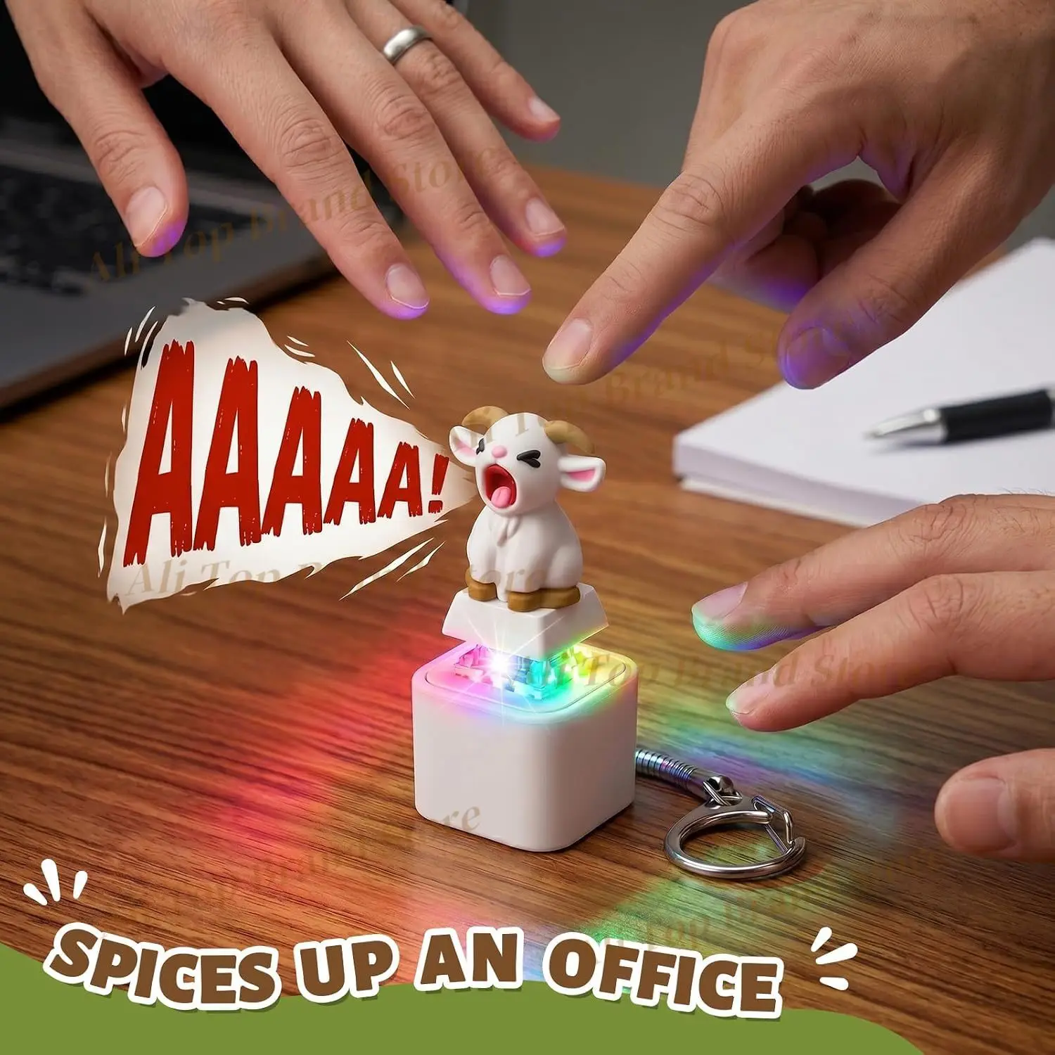 Squeaking Goat Keyboard Fidget Toy, Finger Clicker Keyboard Keychain with Goat Scream Sound and LED Light for Adults Office Gift
