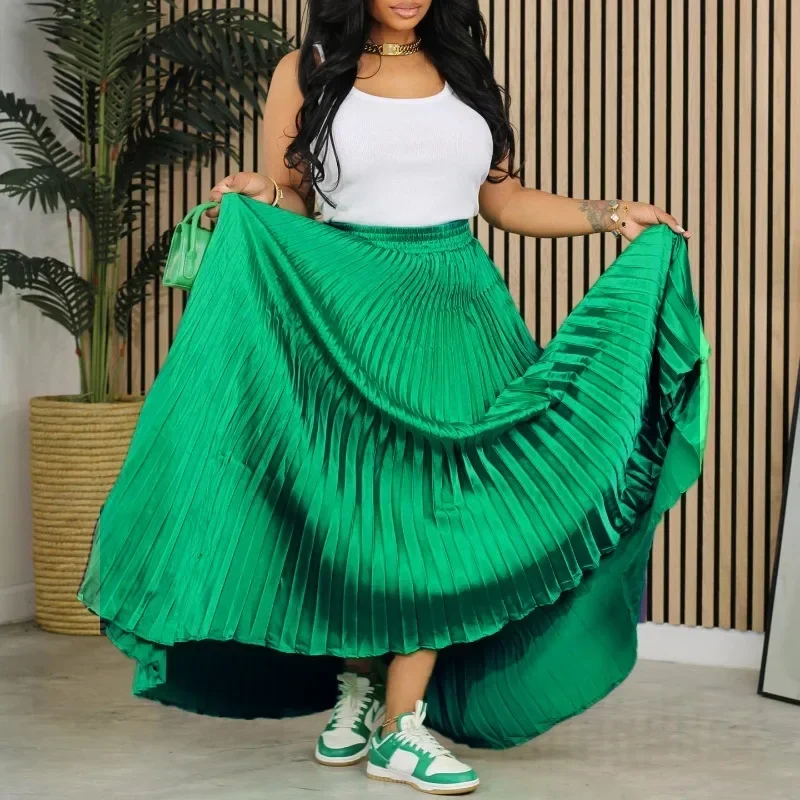 تخصيص مخصص تصميم جديد عالية الخصر تنانير كبيرة للنساء مطوي التنانير مزاجه السيدات تنورة طويلة مع Beltcu