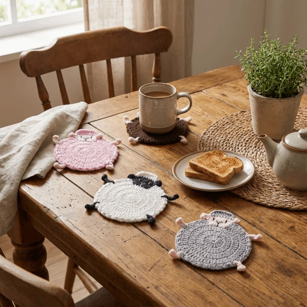 Creative Cute Crochet Lamb Coasters Handmade Yarn Crochet Knitted Animal Coaster Cartoon Animal Placemats Teacup Pad Cafe Use