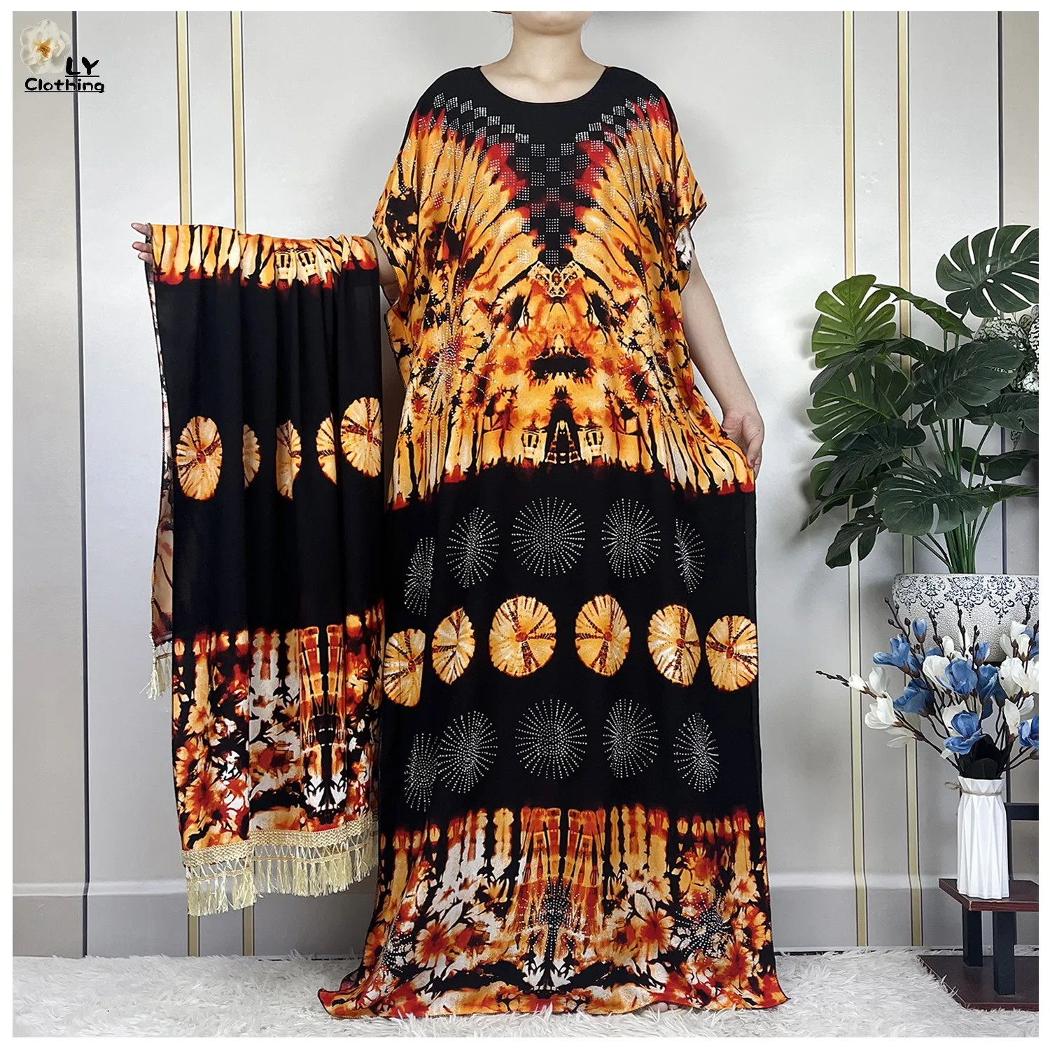 

2023 New African Abaya Lady Short Sleeve Dress With Big Lace Scarf Cotton Printing Tie-dyed Maxi Islam Women Summer Loose Robe