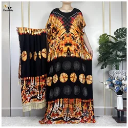 2023 New African Abaya Lady Short Sleeve Dress With Big Lace Scarf Cotton Printing Tie-dyed Maxi Islam Women Summer Loose Robe