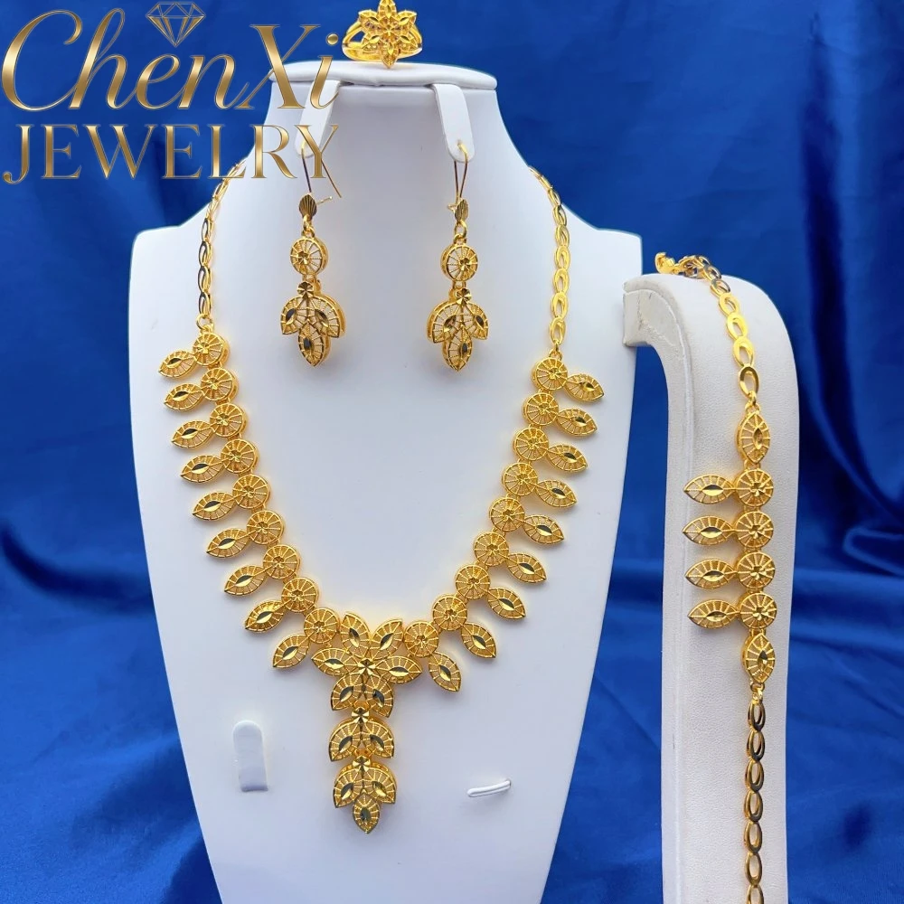 Luxury High-End Alluvial Gold Tassel Fashion Popular Jewelry Set Women Wedding Party Banquet Necklace Earrings Ring 4pcs Gift