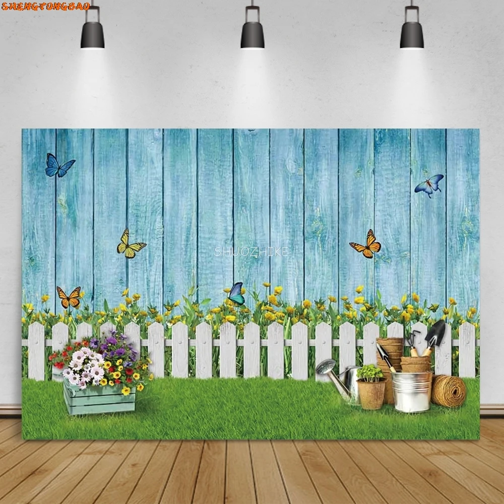 

Easter Background Blue Wood Wall Fence Spring Green Grass Potted Flower Baby Kid Portrait Photography Backdrop For Photo Studio