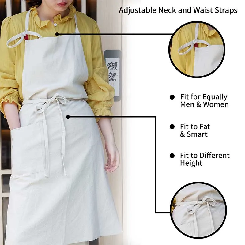 Solid Color Long Cotton Linen Kitchen Apron for Women with Adjustable Straps Sleeveless Pinafore for Gardening Cooking Baking