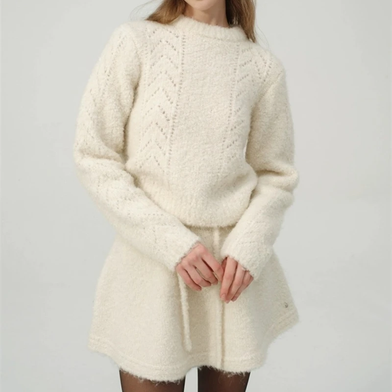 

Winter New Solid Color Round Neck Knit Sweater, Elastic Waist Half Body Skirt