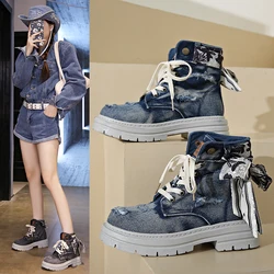 2024 New Black Canvas Shoes High Top British Style Trendy Motorcycle Boots Couple Boots