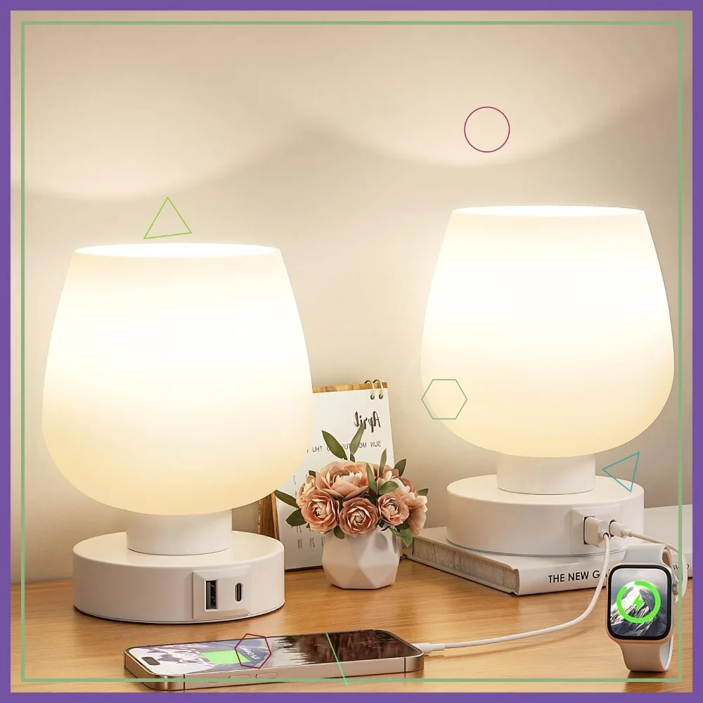 

Set of 2 Touch Table Lamps with USB C+A Charging Ports, White Glass Shade, 3-Way Dimmable for Bedroom Nightstand