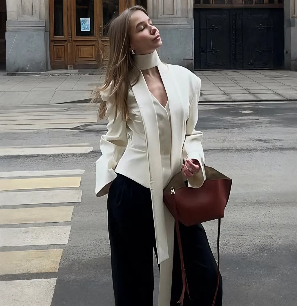 Tuularose Stripe Tailored Coat For Women Lace Up V Neck Long Sleeves Coat Female Fashion Elegant High-End Formal Tailored Coat