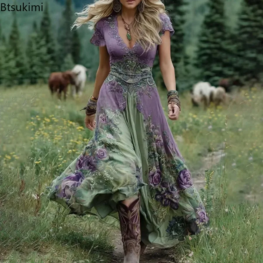 Ethnischer Stil, Blumendruck, Patchwork, Vintage-Maxikleider für Damen, sexy A-Linien-Kleid mit tiefem V-Ausschnitt, Sommerkleid mit kurzen Ärmeln, Boho-Kleid