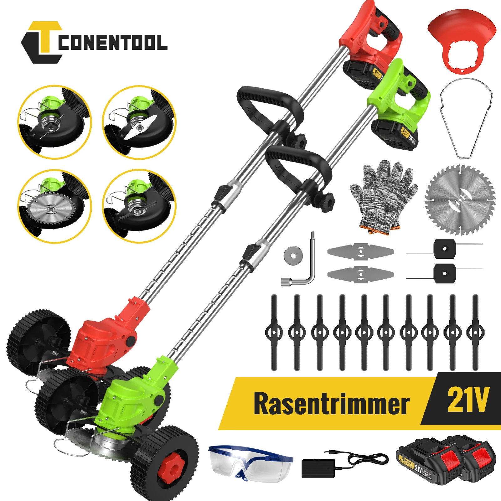 Kabelloser elektrischer Rasenmäher mit Stützrädern, Rasentrimmer für Makita 21 V, 2 x Batterie,