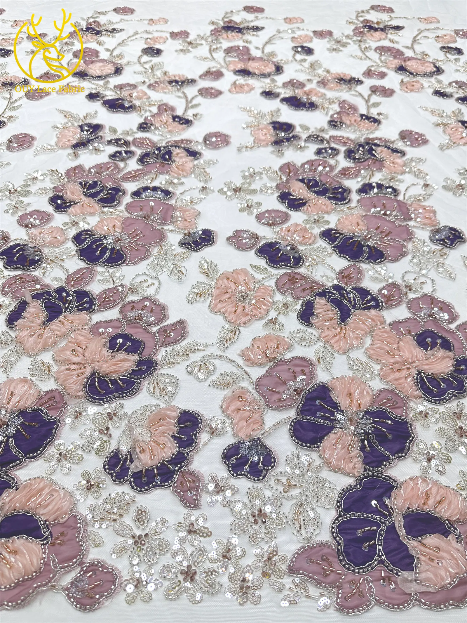 Afrikanischer Spitzenstoff, hochwertige französische Blumenstickerei, Perlen, Pailletten, Tüll, Netzspitze für Frauen, Hochzeitskleid, Nähen, 5 Yards – Detail 7