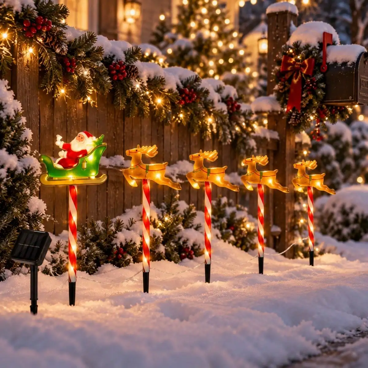 5pcs/set Christmas Solar Stake Lights Santa Sleigh & Reindeer & Sled Outdoor Solar Pathway Light For Garden Yard Festive Decor