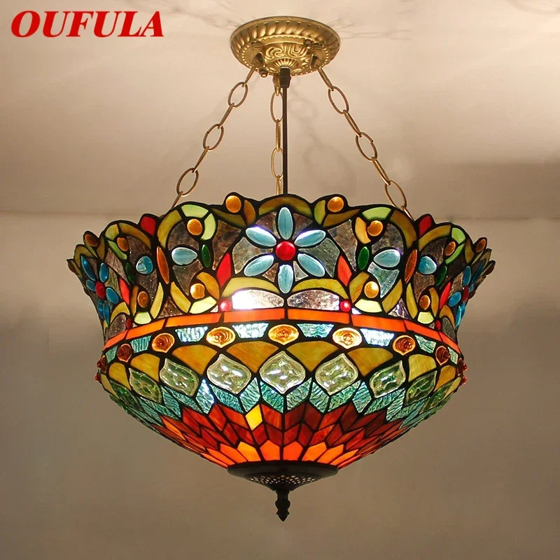 

OUFULA Тиффани Подвесной Светильник Светодиодный Ретро Творчество Гостиная Ресторан Спальня Вилла Отель Коридор Цветное Стекло Люстра