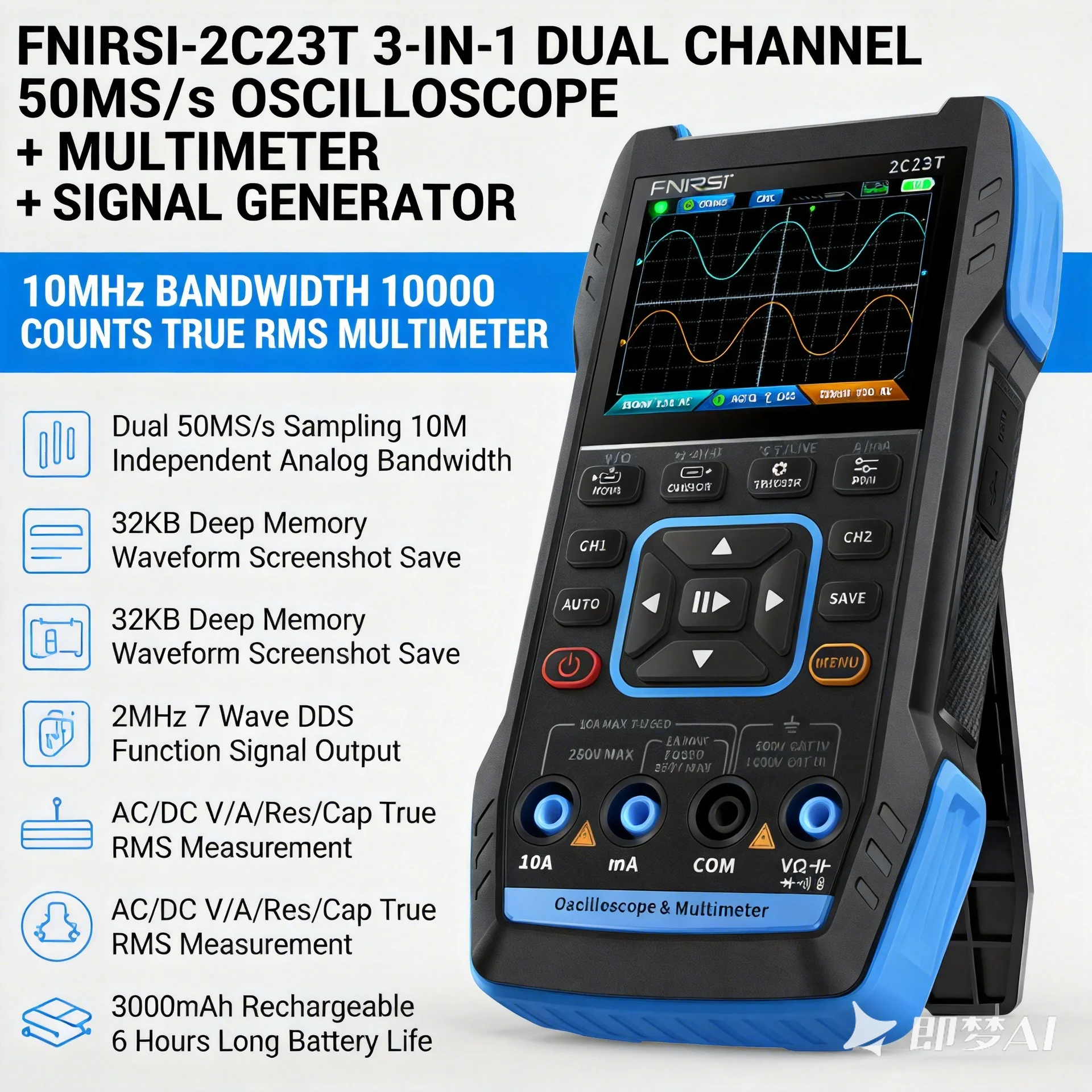3-in-1 Dual Channel Oscilloscope Multimeter Signal Generator 50MS/s 10MHz 10000 Counts True RMS for Repair