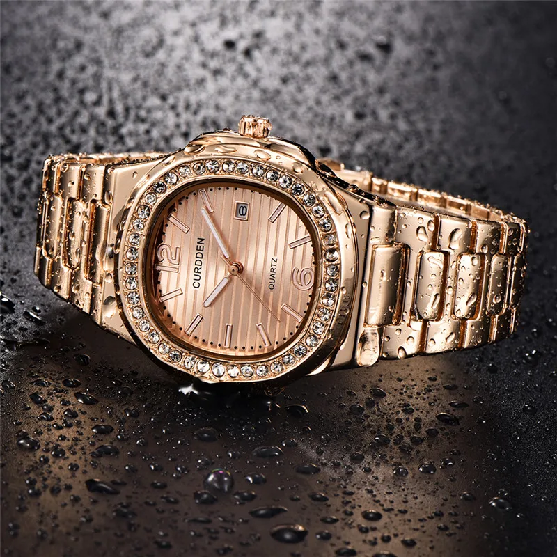 Men Original CURDDEN 1520 Brand Watches Fashion Alloy Band Diamond Golden Date Business Quartz Watch Montres de Marque de Luxe