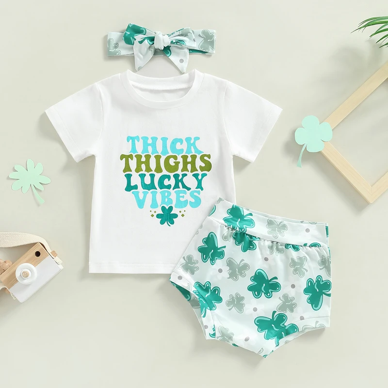 

Adorable Infant Outfit Short Sleeve T-Shirt with Cute Letter Print Matching Green Clover Shorts and Bow Headband - 3 Piece