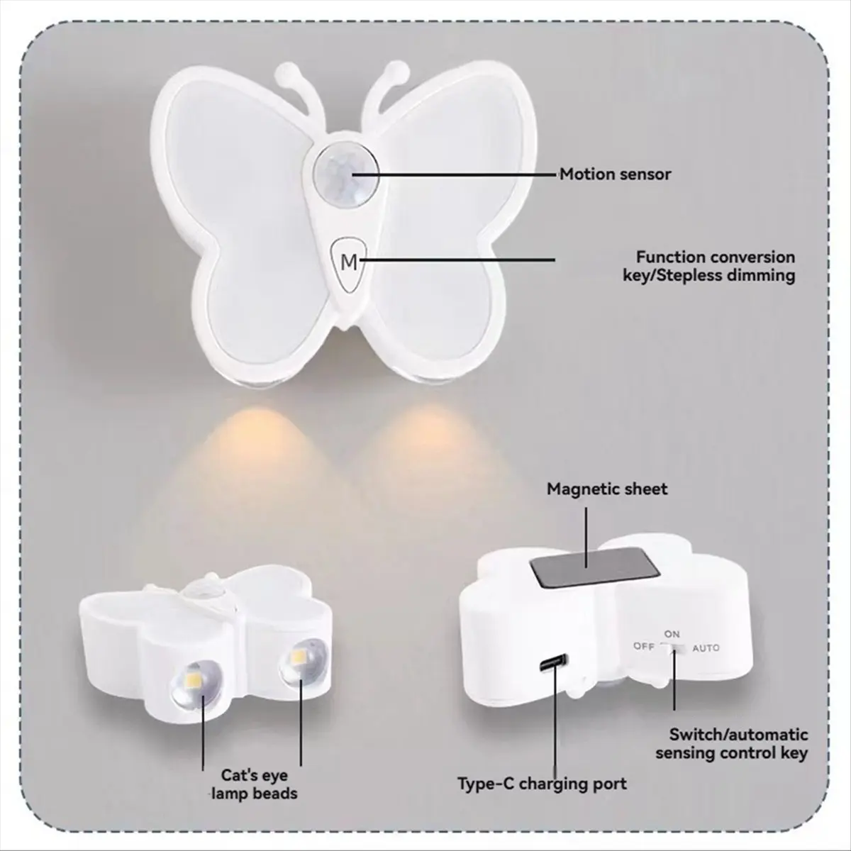 DT1991 TO Bright Dimmable Butterfly LED Night Light Smart Motion Sensor with Spotlight and 2 Color Temperature 2PCS