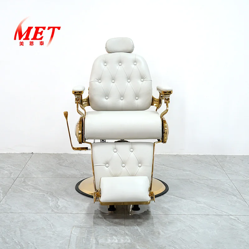 High Quality Luxury Leather Beauty Reclining Hair Salon Styling White Gold Barber Shop Chair For Sale