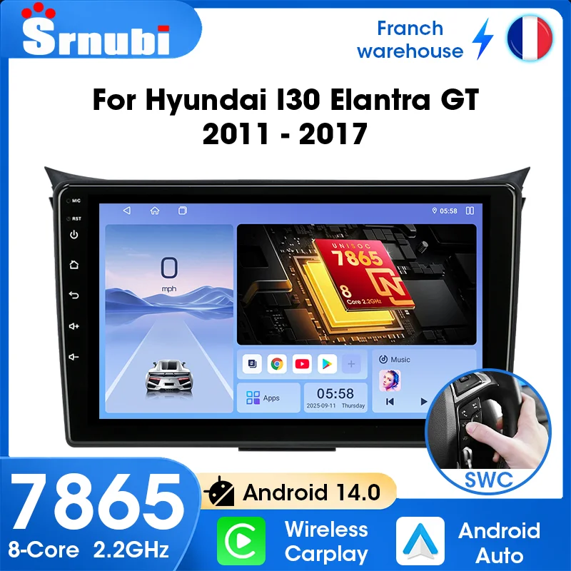 Radio para automóvil con Android Auto, modelo Srnubi, compatible con Hyundai I30 y Elantra GT, años 2012-2017. Sistema de navegación GPS, compatibilidad con Carplay, reproductor multimedia de video, unidad principal 2 DIN, pantalla QLED, chip de 8 núcleos UIS7865 y ventilador de refrigeración integrado.