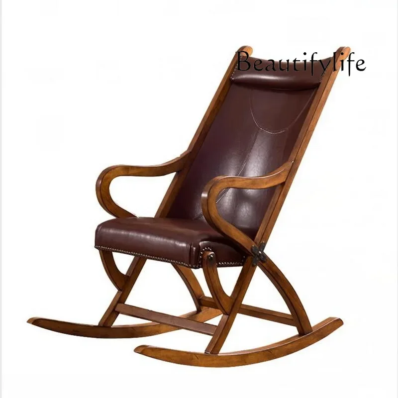 Genuine Leather American Recliner Leisure Chair Solid Wood Lazy Snap Chair European Balcony Chair Home Sofa