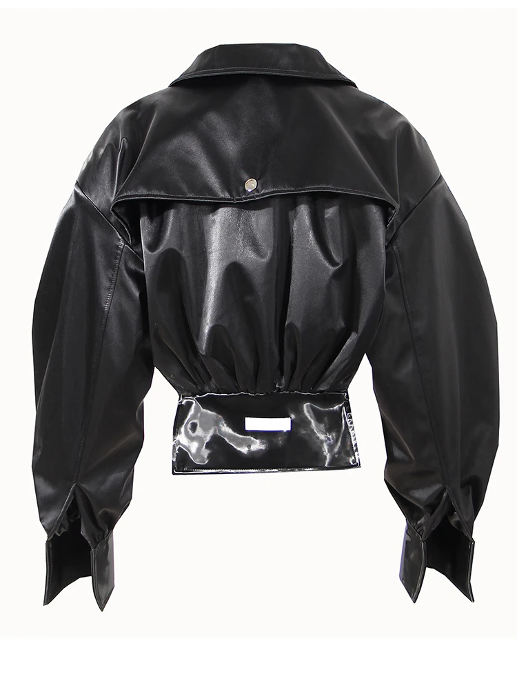 Eam-ルーズフィットの女性用ブラックレザージャケット,ラージサイズのコート,新しいラペル,長袖,春のファッション,秋,1de4530,2024