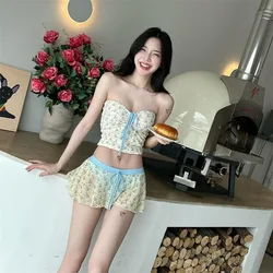 Sexy Floral Bandeau Swimwear Korean 2025 Women Drawstring Swimsuits Skirts Girl Bathing Suit Brazilian Bikinis Set Mujer Biquini
