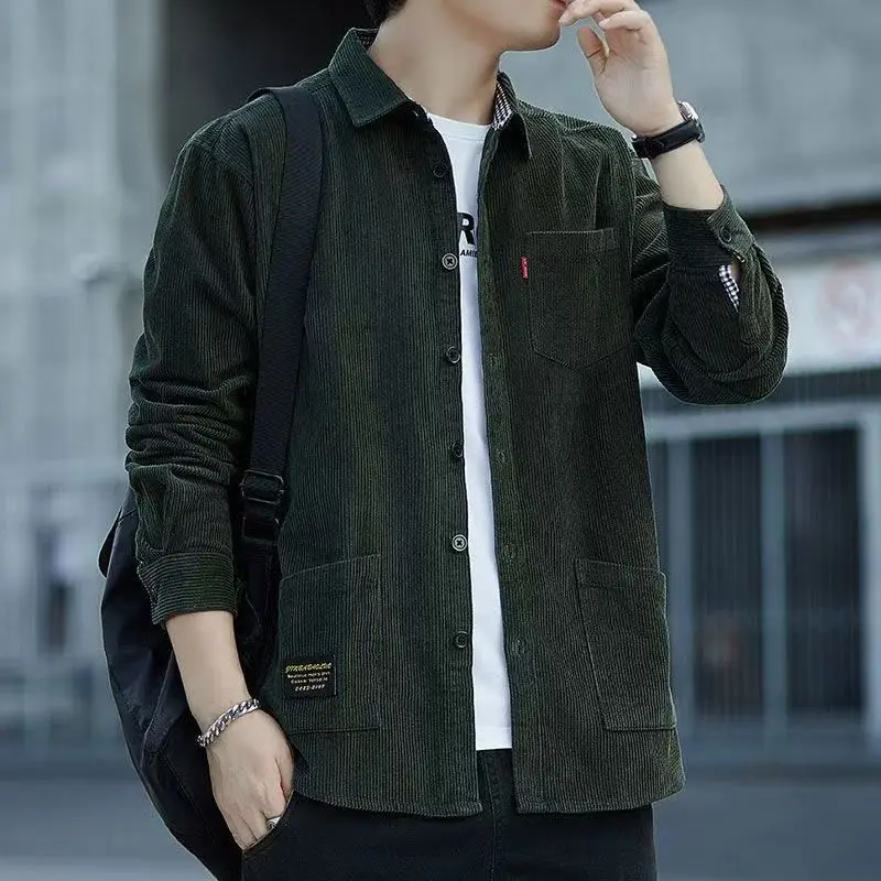 

Men's 00% Cotton Long Sve Corduroy Casual irt Loose Fit Autumn Winter New Sle ket Design Comfortable Loose Top