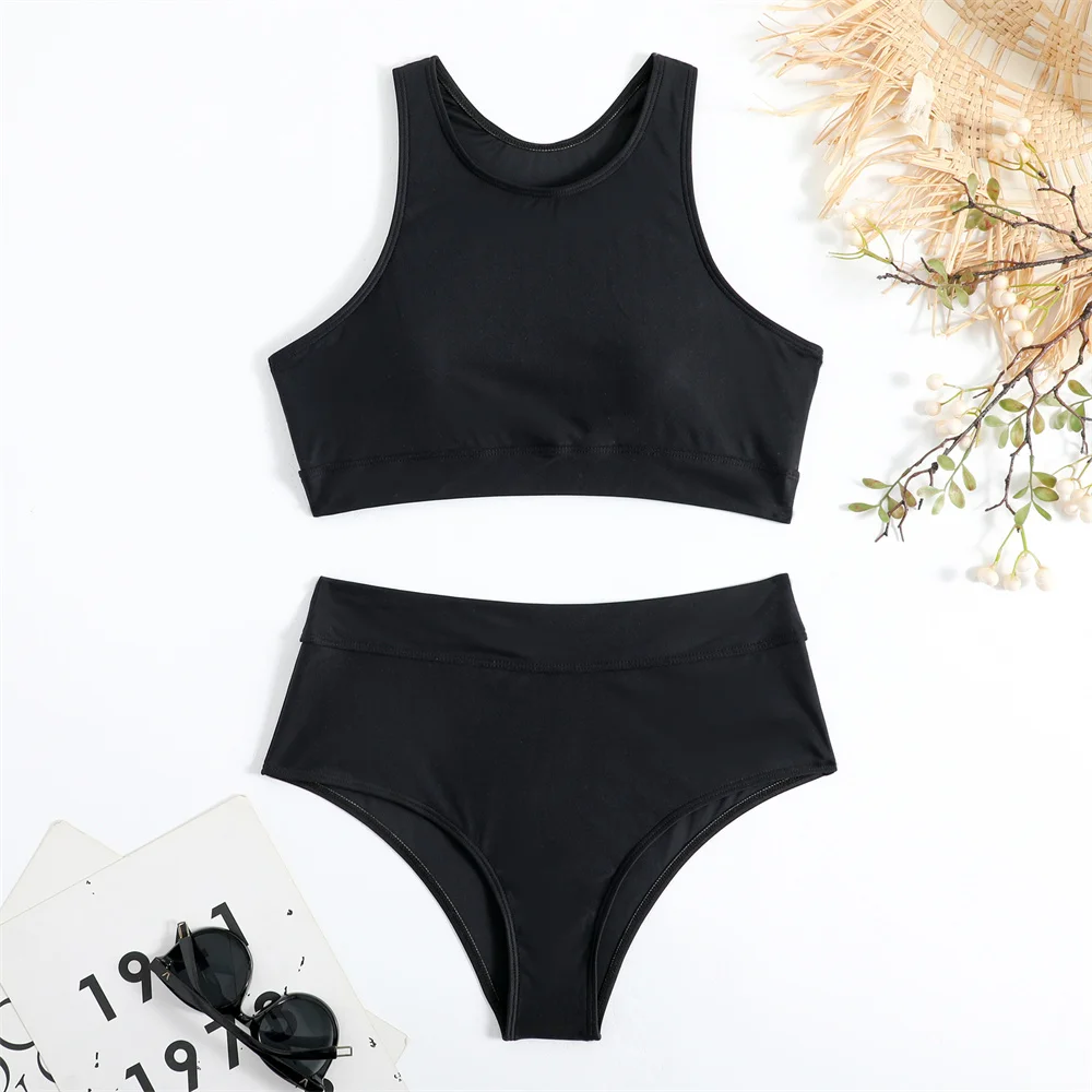 Biquíni preto sexy feminino, tankini, maiô de cintura alta, trajes de banho, conjunto de duas peças, moda praia brasileira, biquínis, roupa